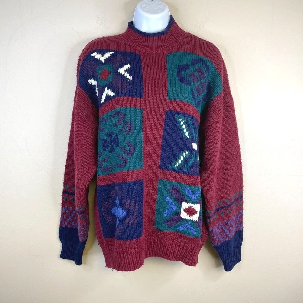 Vintage Gina Peters Americana Folk Art Sweater Medium Chunky Baggy Quilt Print‎
